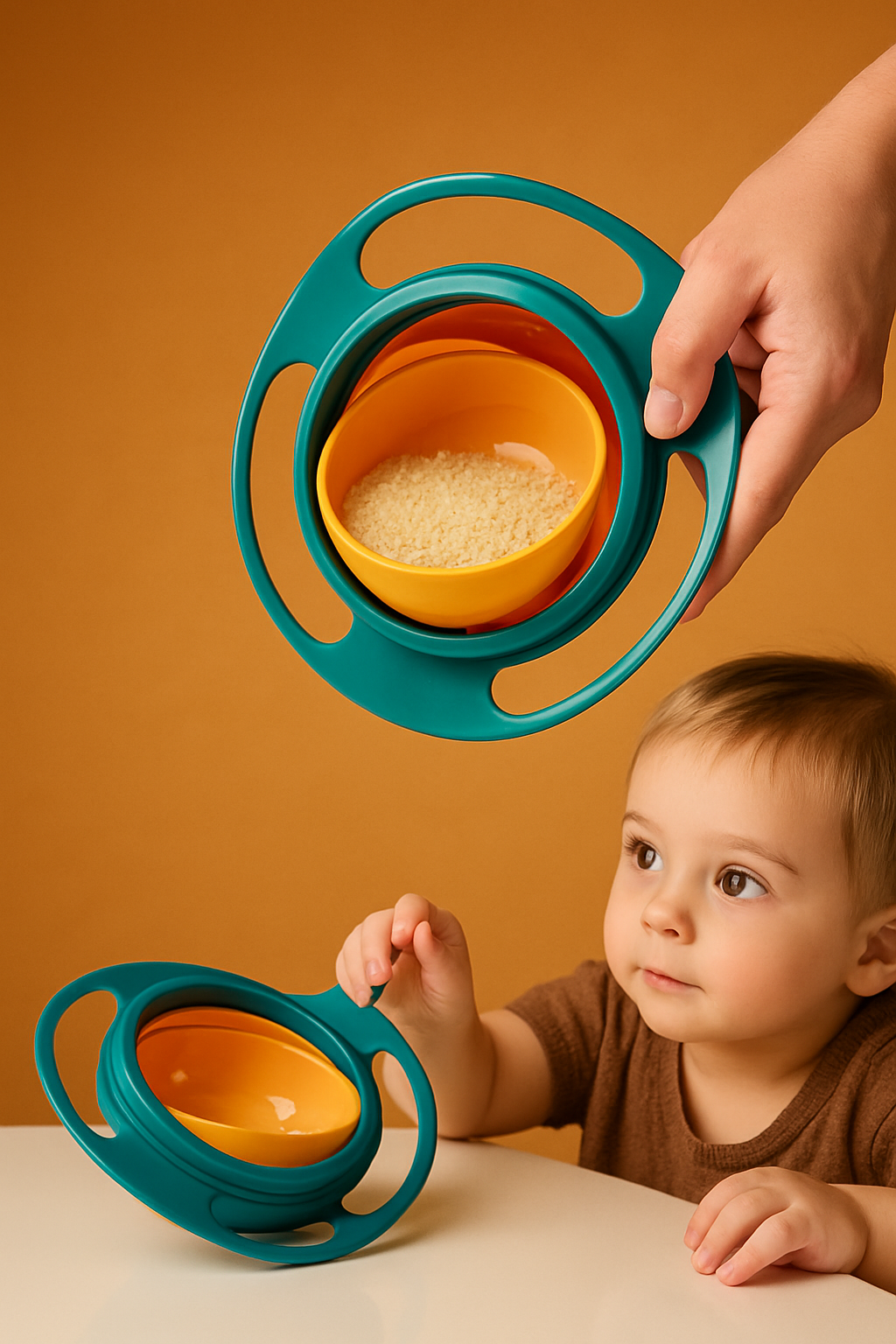 Child holding a teal and orange baby bowl with a yellow interior against an orange background