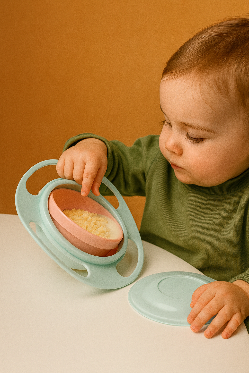 Child interacting with a green and pink baby bowl on a table against an orange wall.