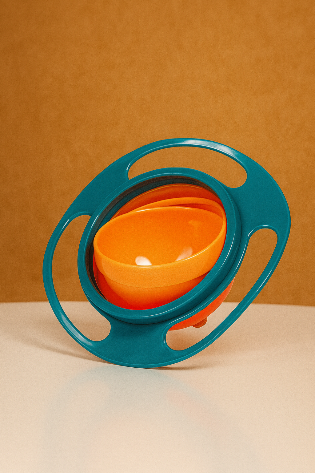 Teal and orange baby bowl with a unique design on a beige surface and brown background