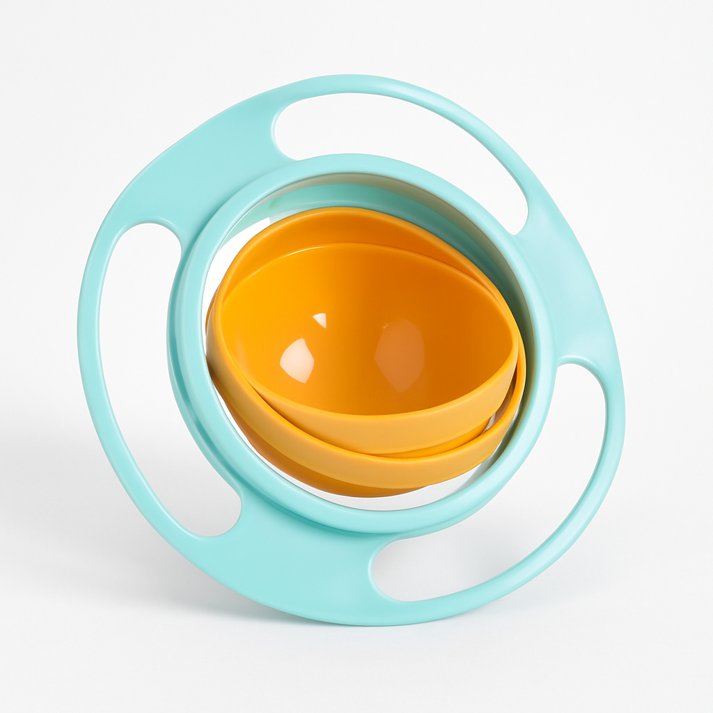 Orange bowl inside a turquoise holder on a white background