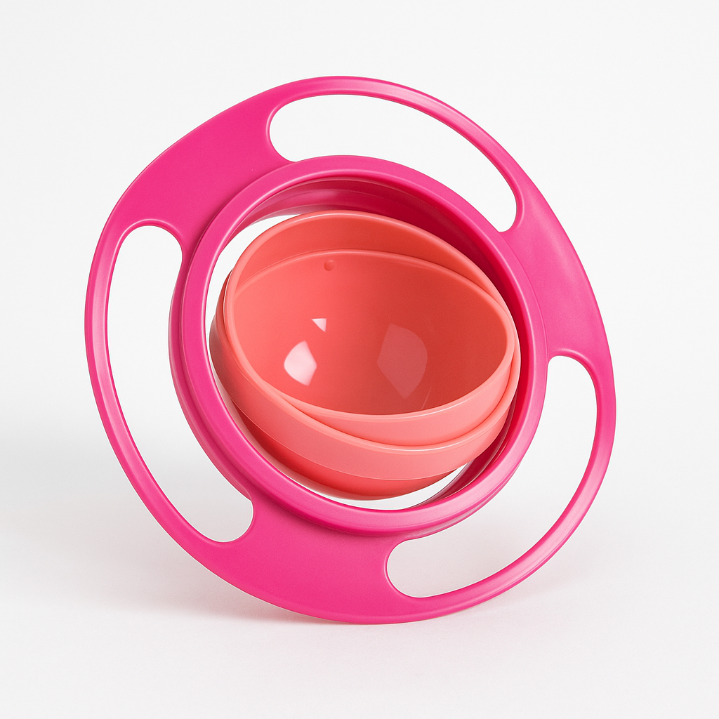 Pink and coral-colored baby bowl with a spin mechanism on a white background