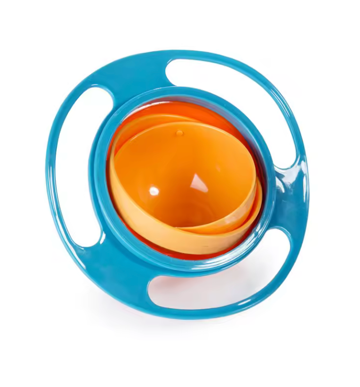 Blue and orange baby bowl with a white background