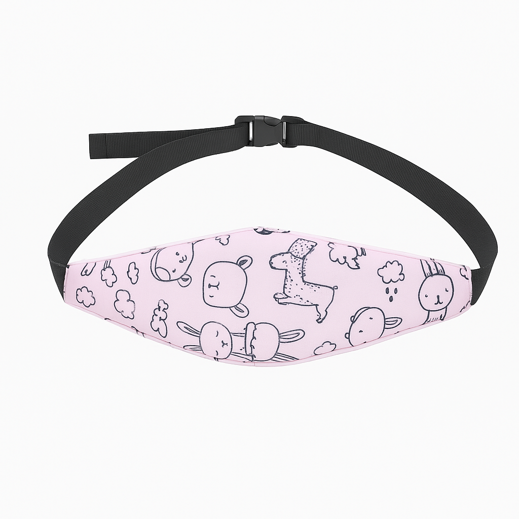 Pink waist bag with animal pattern and black strap on a white background
