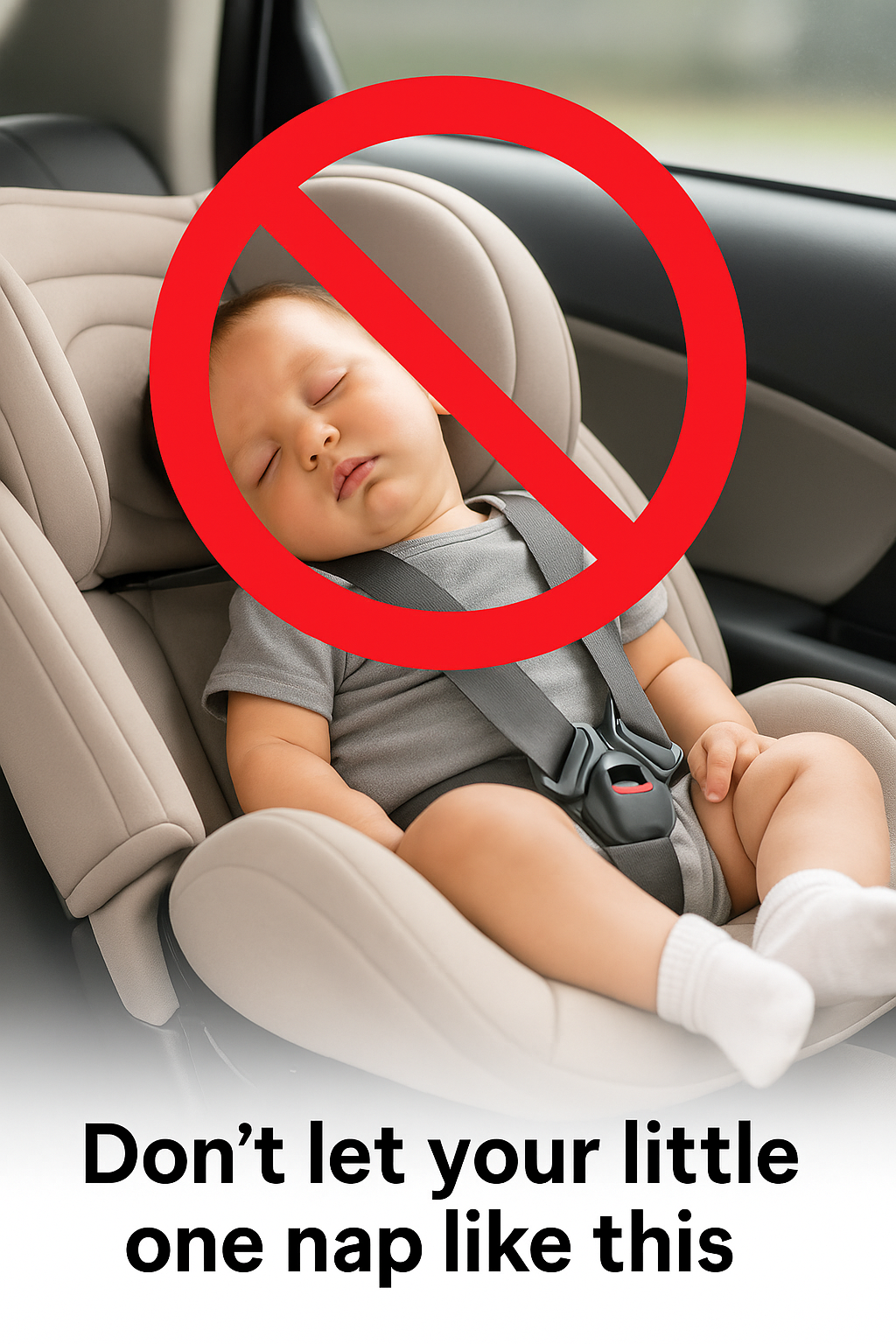 Child sleeping in a car seat with a red circle and line through it, indicating not to let your child nap like this.