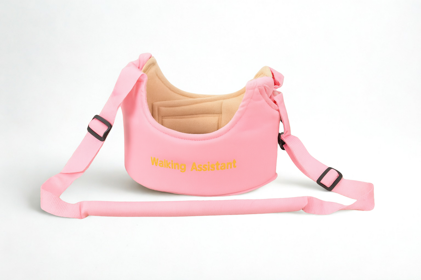 Pink pet seat with a strap on a white background