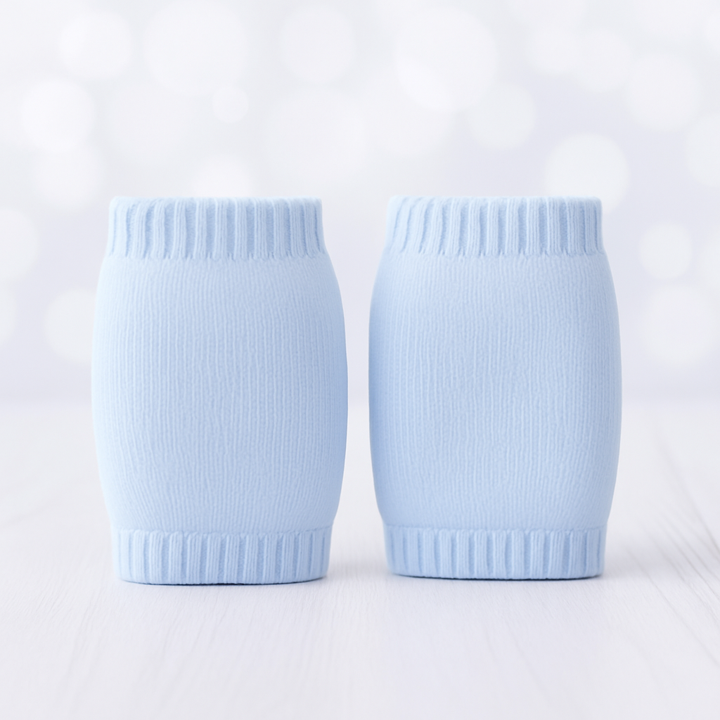 Two light blue ribbed knit baby booties on a white background