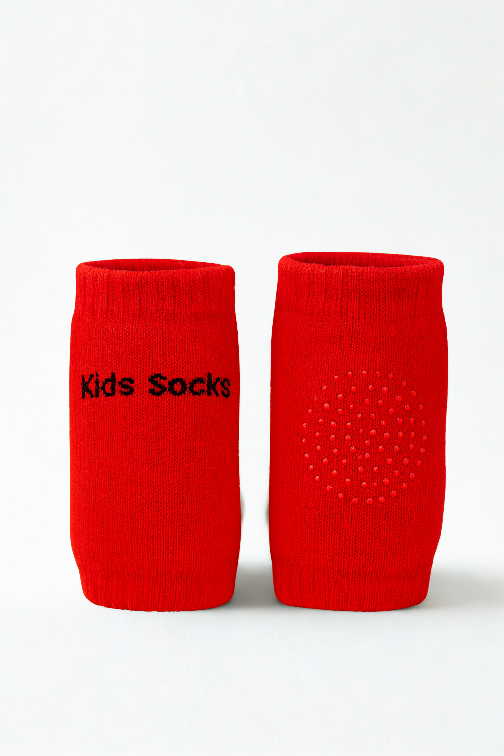 Two red socks with 'Kids Socks' text on a white background