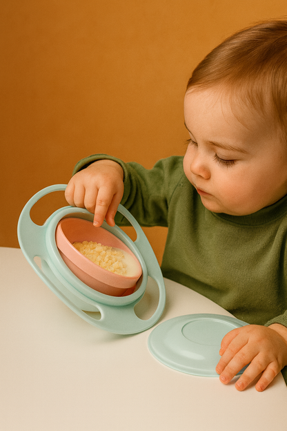 Child interacting with a green and pink baby bowl on a table against an orange wall.