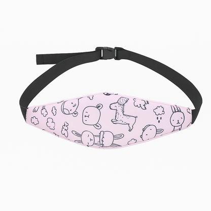 Pink waist bag with animal pattern and black strap on a white background