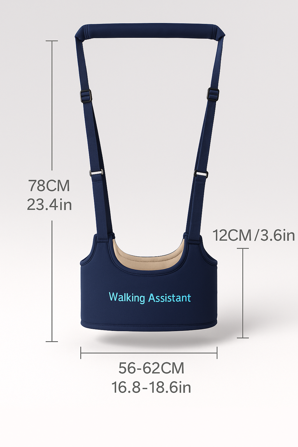 Navy blue walking assistant with dimensions on a white background