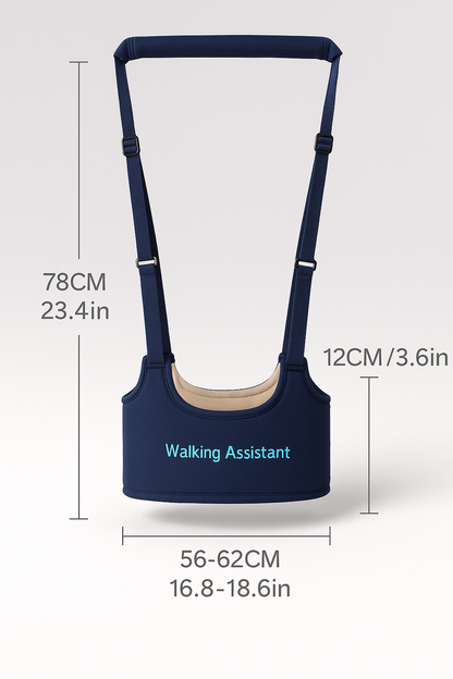 Navy blue walking assistant with dimensions on a white background
