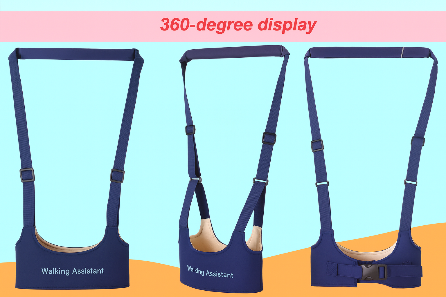 Navy blue walking assistant with straps on a colorful background