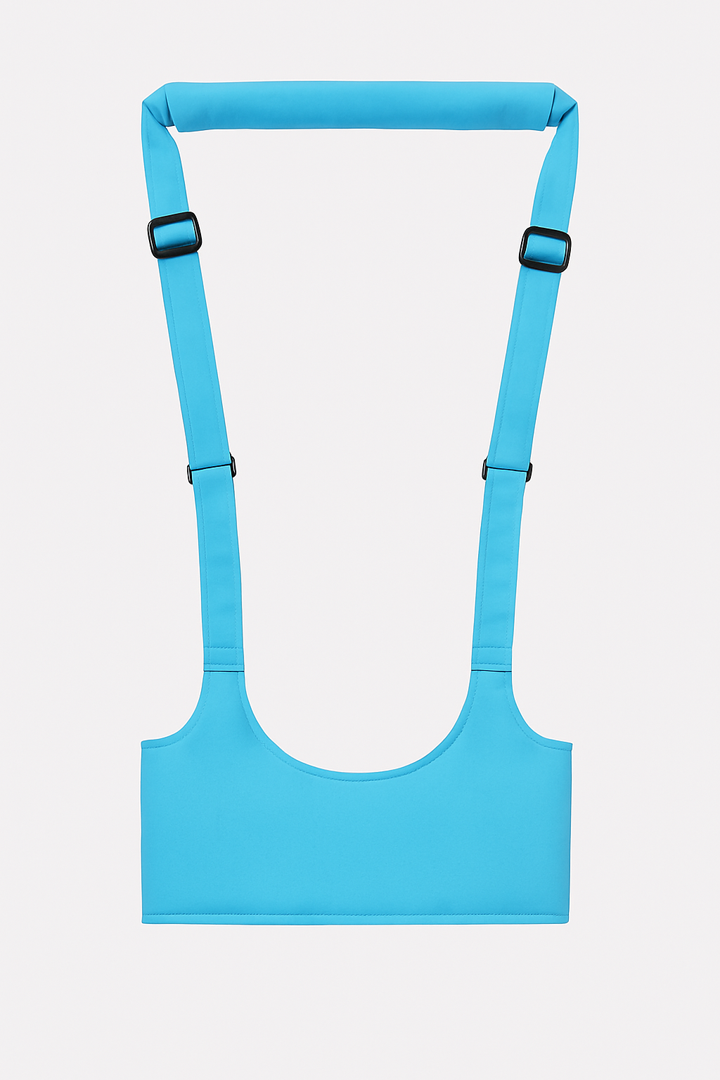 Blue sports bra with straps on a light gray background