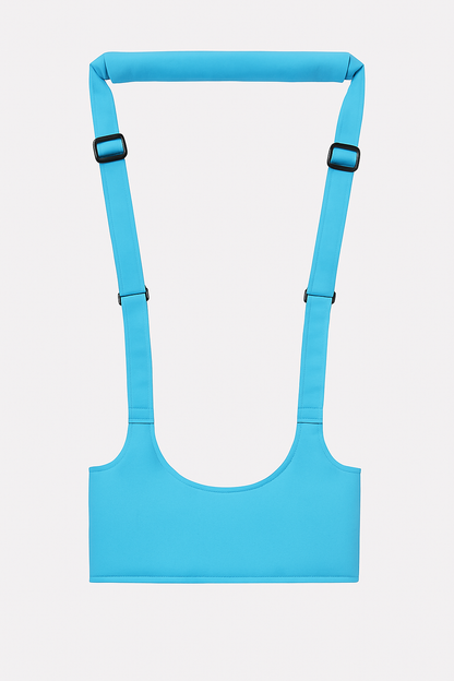 Blue sports bra with straps on a light gray background