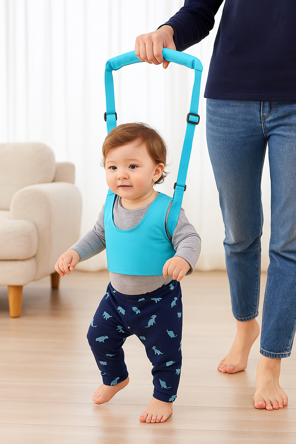 Child using a blue walker with a person holding it, indoors.
