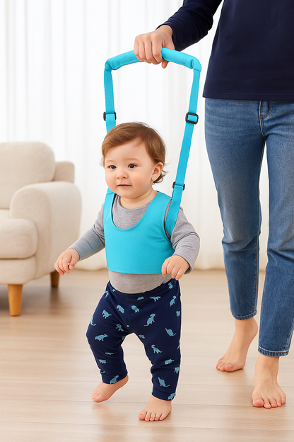 Child using a blue walker with a person holding it, indoors.