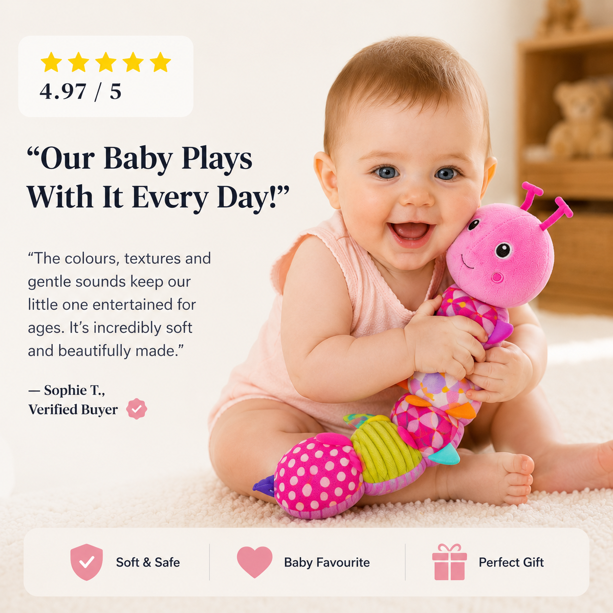 MelodyCater Sensory Musical Plush – Rattle & Soft Toy Caterpillar for Babies