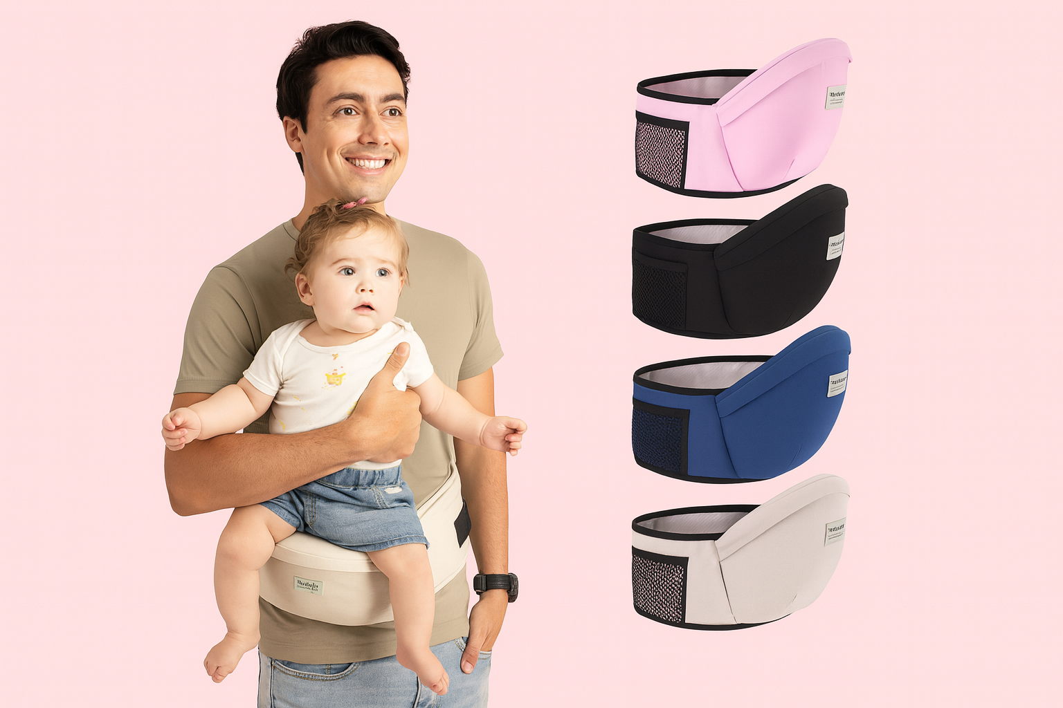 Man holding a baby with a baby carrier and additional carrier colors on a pink background