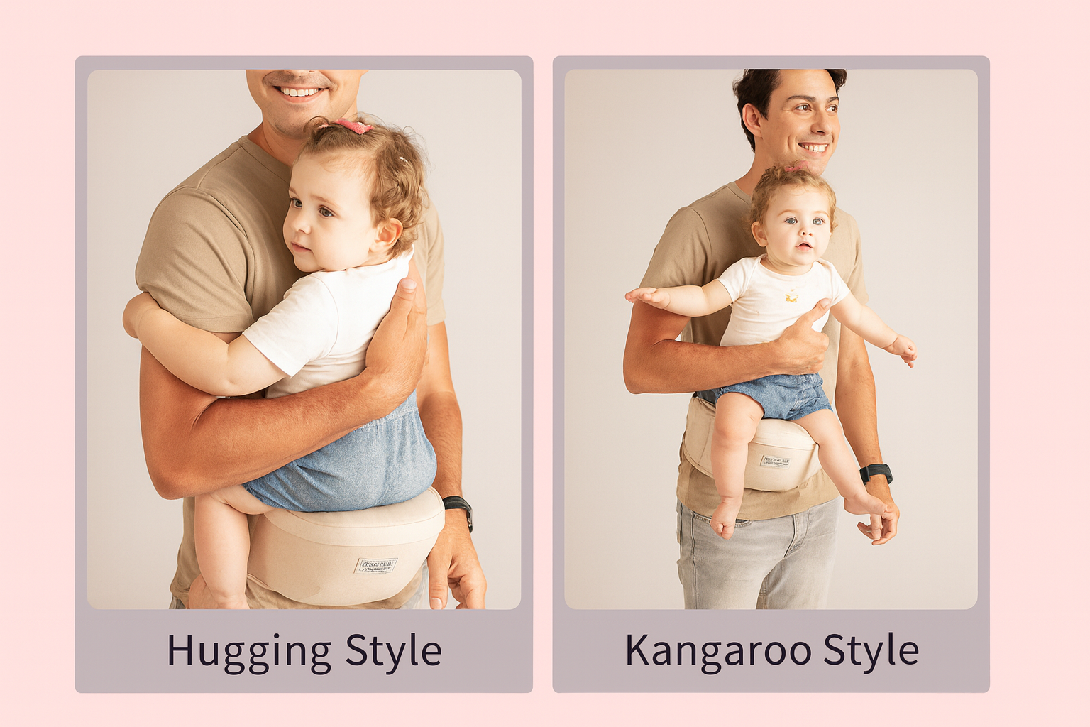 Two images showing a person using a baby carrier in Hugging Style and Kangaroo Style on a pink background.