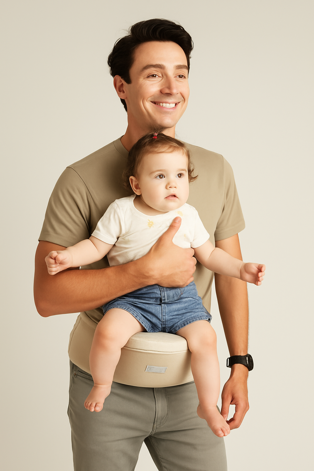 Man holding a baby in a baby carrier against a plain background