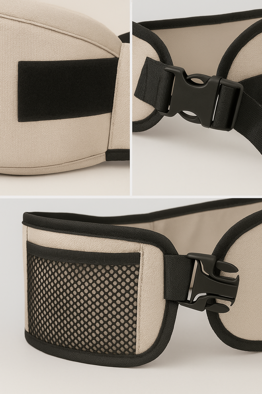 Beige waist bag with black accents and a buckle on a light gray background