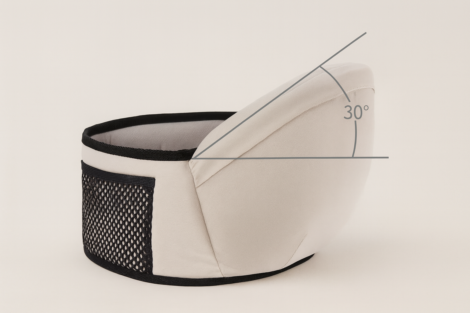 White and black baby seat with a mesh side on a light gray background
