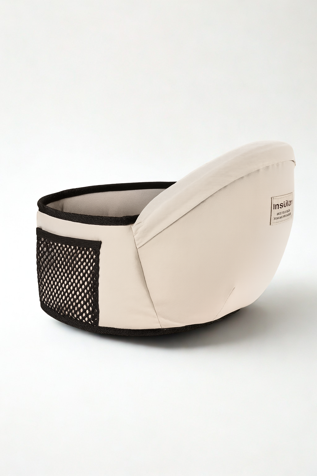 Beige pet bed with mesh side on a white background