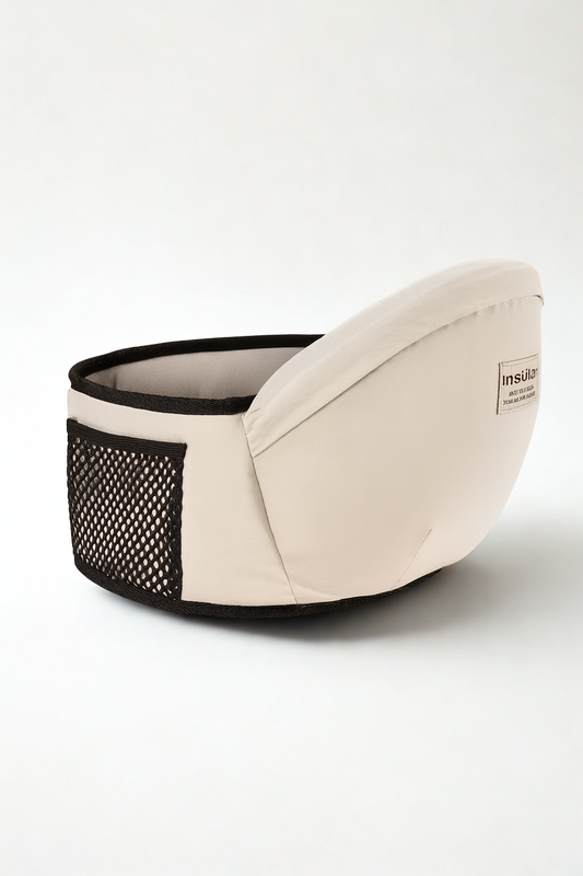 Beige pet bed with mesh side on a white background