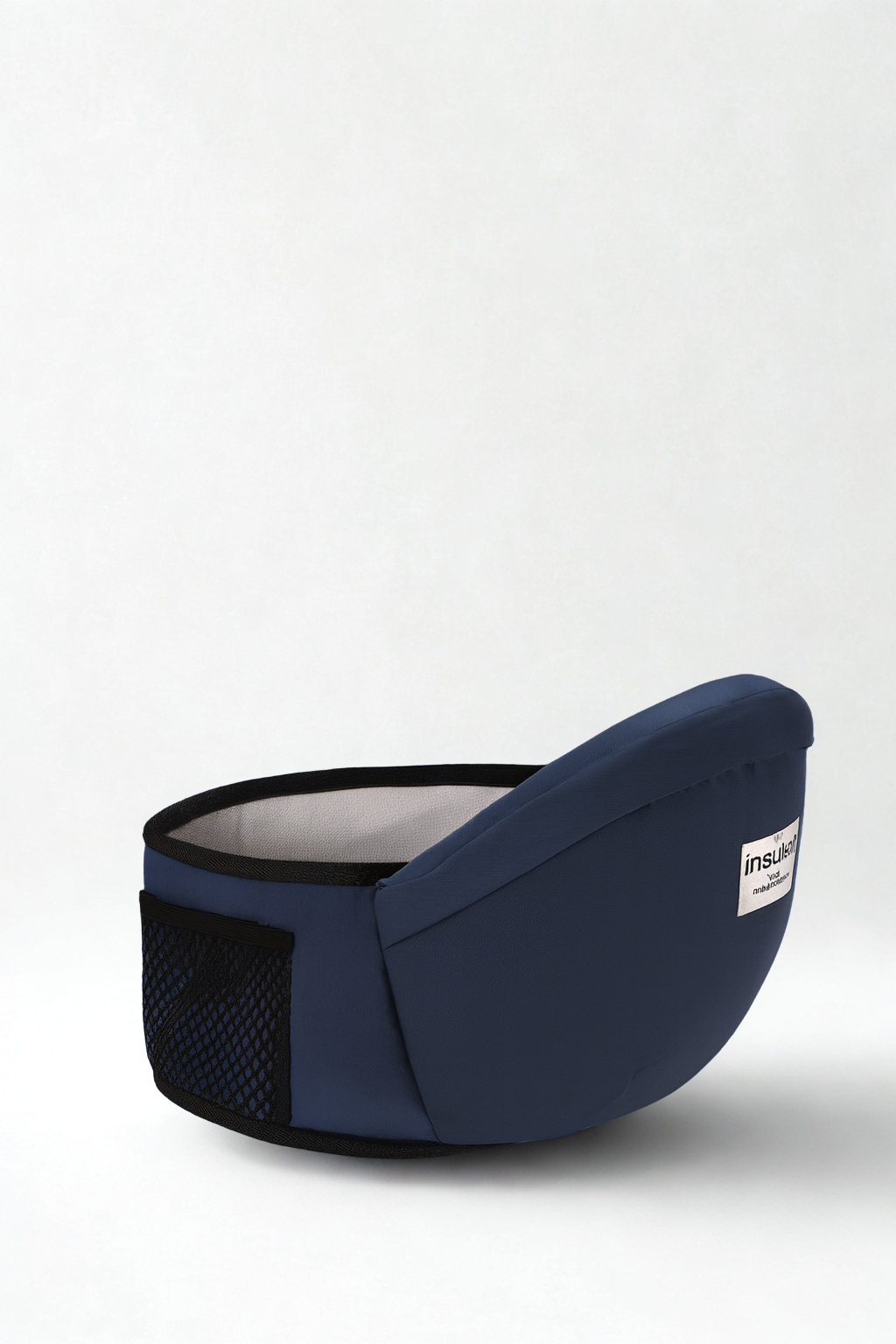 Navy blue baby carrier with black mesh side on a white background