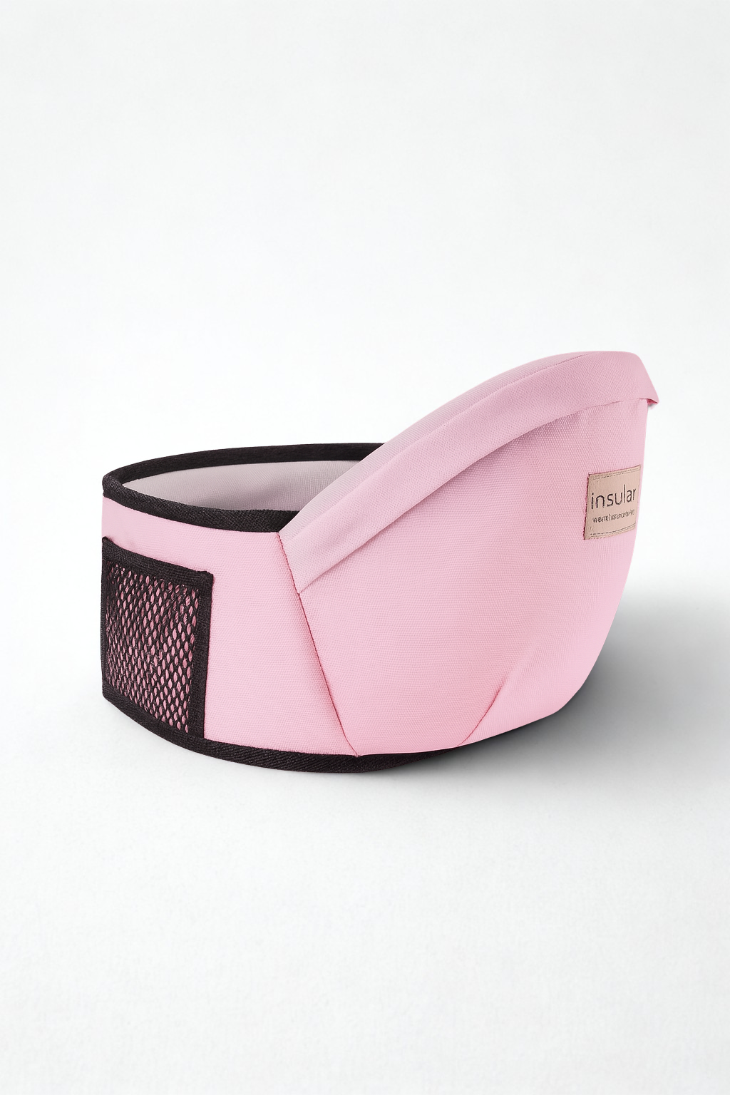 Pink baby carrier with black mesh on a white background