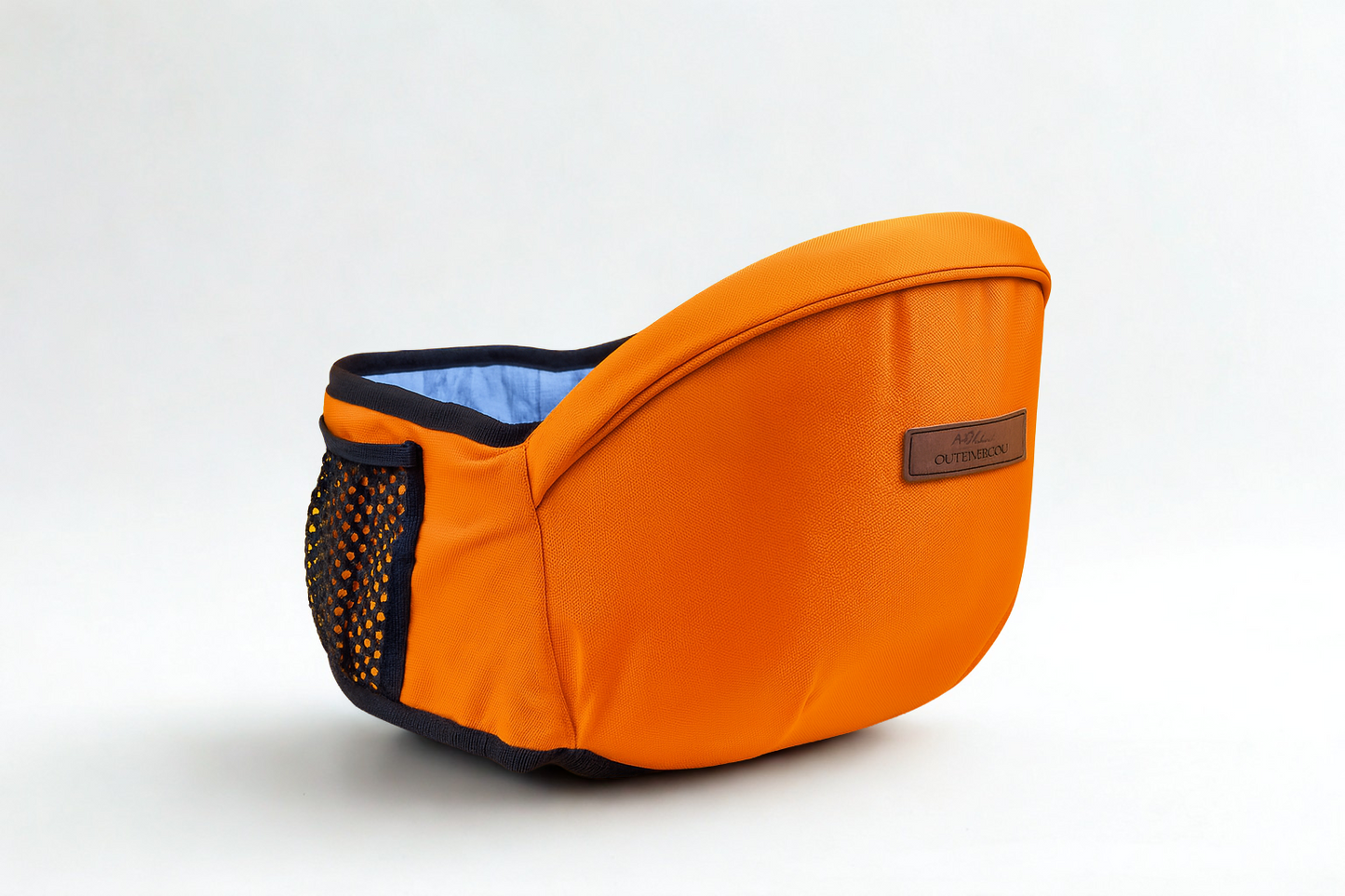 Orange pet carrier with black mesh side on a white background