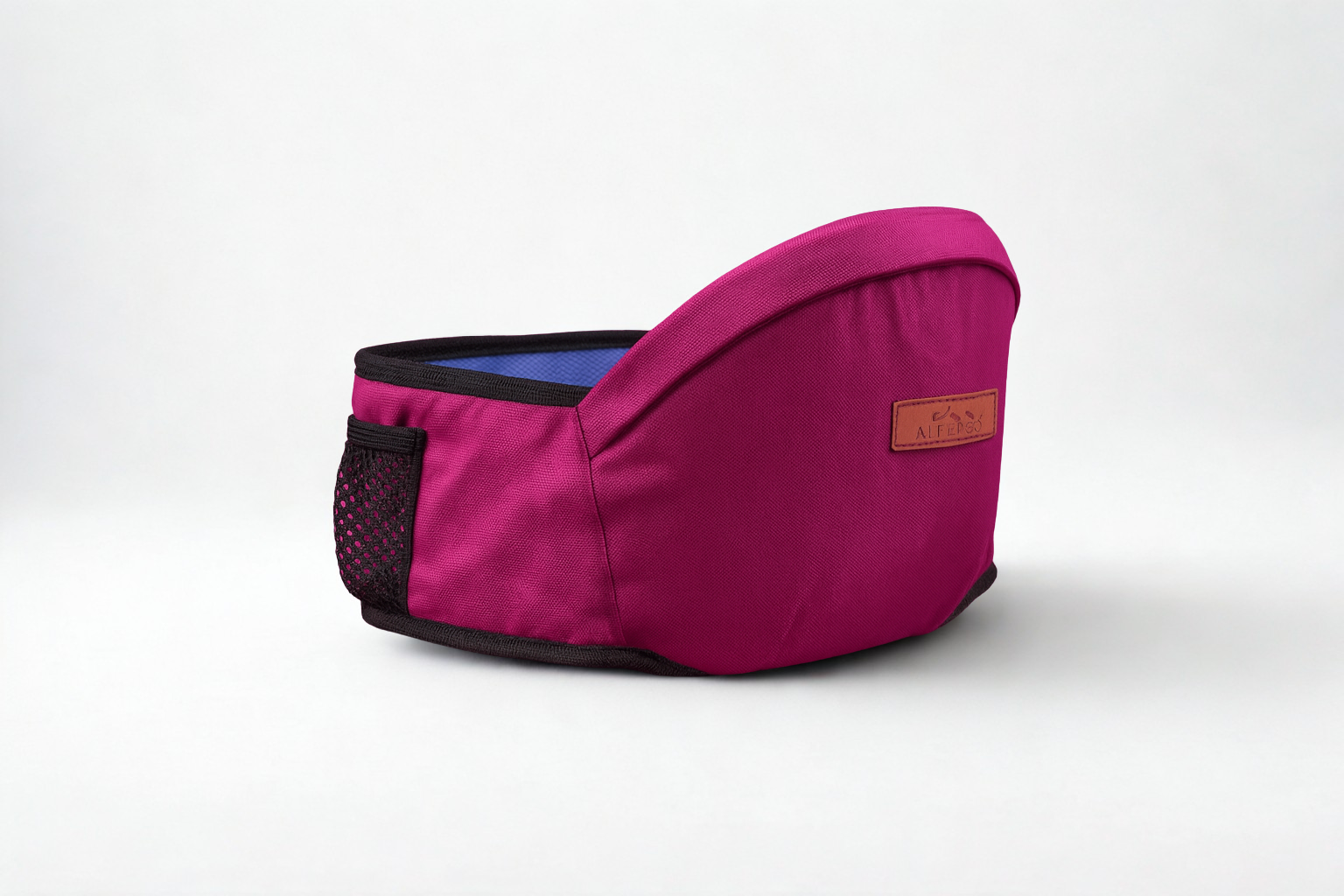 Purple pet carrier with a brown patch on a white background