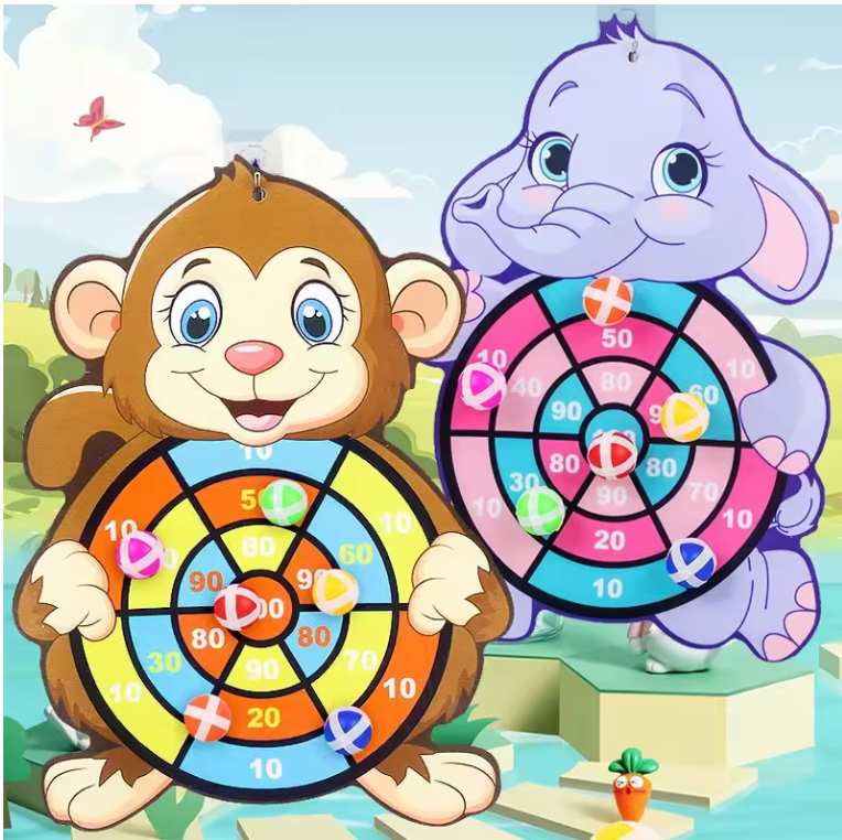 Two cartoon animal darts with colorful targets on a scenic background