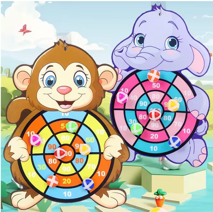 Two cartoon animal darts with colorful targets on a scenic background