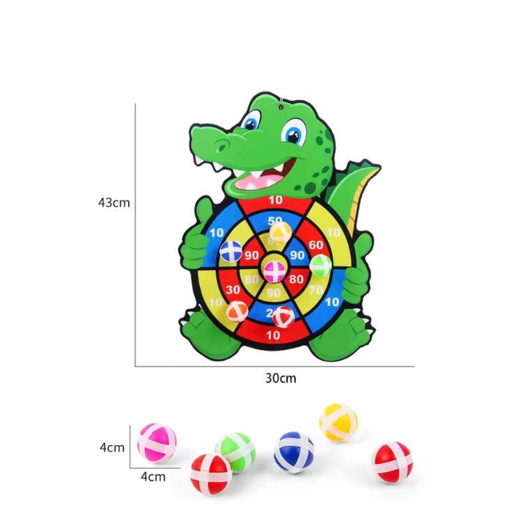 Crocodile-shaped dartboard with colorful darts on a white background