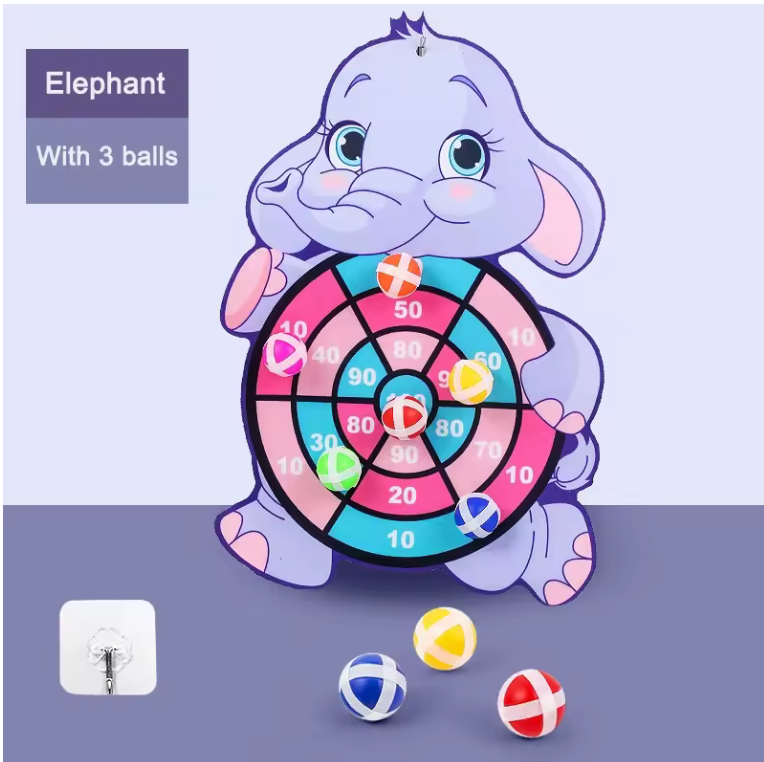 Children's dartboard with elephant design and three balls on a light purple background
