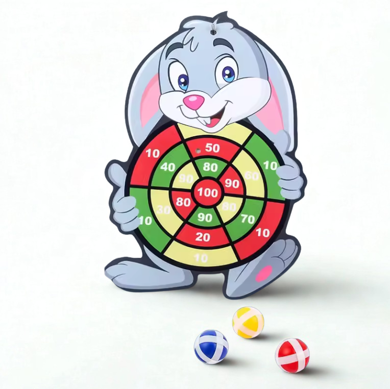 Dartboard shaped like a cartoon rabbit with colorful darts on a white background